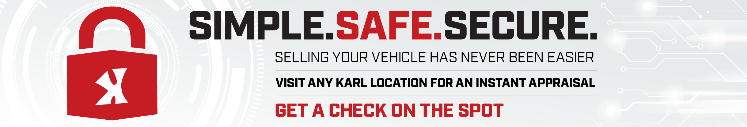 A red padlock with an X on it next to the text SIMPLE. SAFE. SECURE. and a offer to sell vehicles.